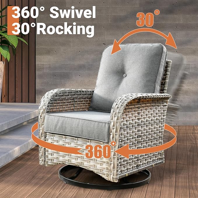 ovios 6 Piece Patio Sectional Furniture with Swivel Rocking Chairs, Rattan Wicker Coversation Set with Glowing Coffee Table, Outdoor Sofa Set for Outside Porch Balcony Backyard Pool, Dark Grey
