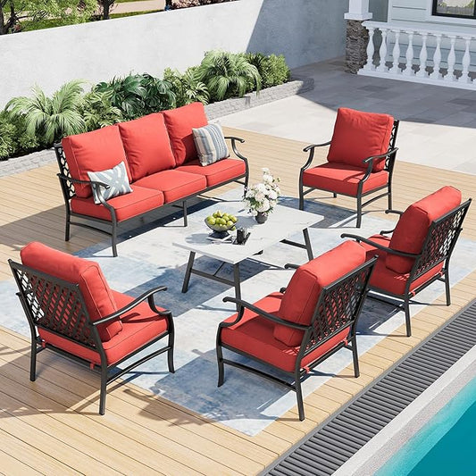 6 Piece Metal Outdoor Patio Furniture Set, Patio Conversation Sets 1 3-Seater Sofa, 4 Fixed Chairs with 5.75" Thick Cushion and Coffee Table, Backyard Furniture Set for Deck, Red