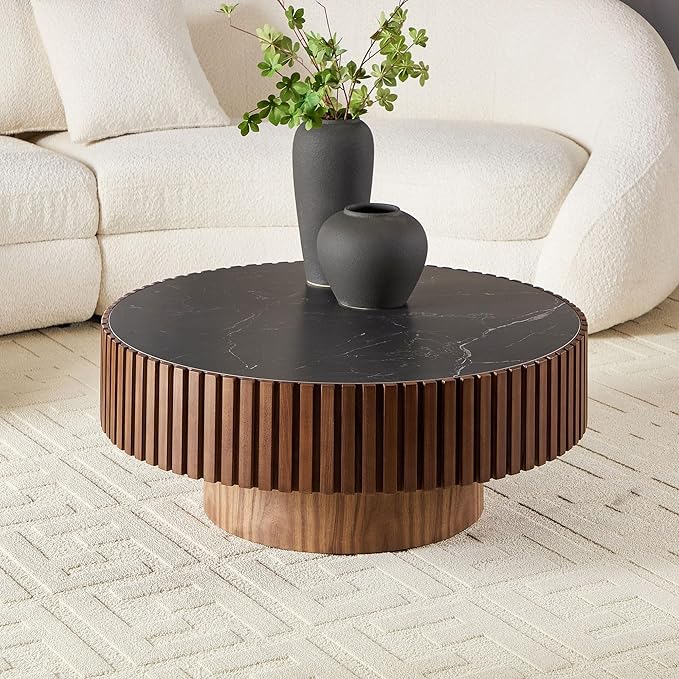 WILLIAMSPACE 35.43" Round Coffee Table with Sintered Stone Tabletop, Modern Farmhouse Wood Circle Drum Center Table for Living Room, Accent Side End Table for Apartment, 13.77" H (Walnut+Black)