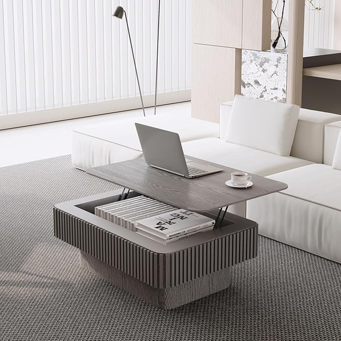 Gray Coffee Table with Lifting Top with Storage for Living Room,Fluted Lift Top Coffee Tables with Solid Wood Center Table 38.6'' Modern Smart Rectangular Lift Up Tabletop for Apartment Office