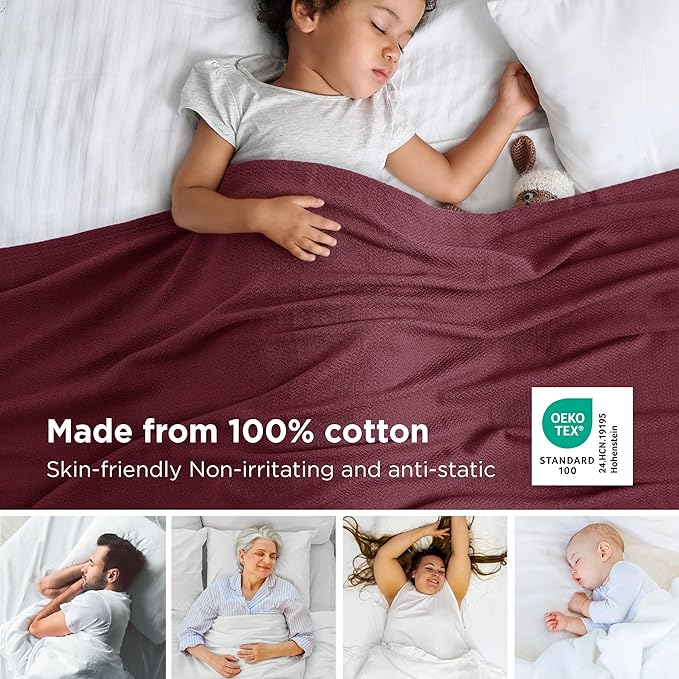 Bedsure GentleSoft 100% Cotton Blanket Twin XL Size for Bed - Breathable and Lightweight, Soft Cozy Textured Herringbone Woven Summer Blanket for College Dorm, Red, 66x90 inches