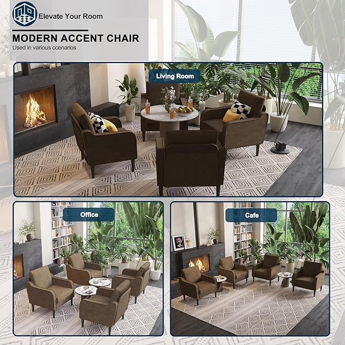 Ribilake Brown Accent Chair Set of 4 - Upholstered Armchair with Side Pockets, Comfy Living Room Arm Chair, Faux Leather Reading Accent Chairs for Bedroom, Living Room, Apartment, Office