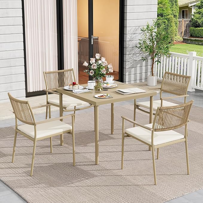 5-Piece Outdoor Dining Set for 4, Rectangle Expandable Table with Umbrella Hole, 4 Wicker Rattan Chairs with Soft Cushion,Patio Dining Set, Conversation Set for Backyard, Garden & Poolside, Beige - Image 6