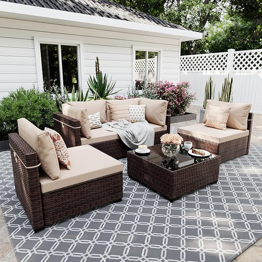 UPHA 5 Pieces Patio Furniture Sets, Wicker Outdoor Sectional Sofa Couch with Coffee Table, Patio Conversation Set for Deck Backyard Garden, Brown Rattan, Beige Cushion