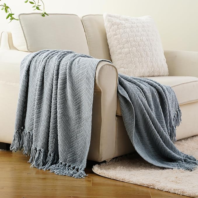 BATTILO HOME Bluish Grey Chenille Throw Blanket for Couch, Knit Throw Blanket,Super Soft Warm Home Decor Throw Blanket with Tassels for Bed,Sofa and Living Room,60" x 80"