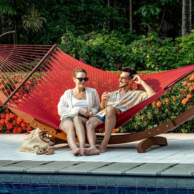 Lazy Daze Hammocks 10.5 FT Double 2 Person Caribbean Rope Hammock, Hand Woven Polyester Hammock with Spreader Bars, for Outside Outdoor Backyard Patio Poolside, 450 LBS Capacity, Red - Image 2