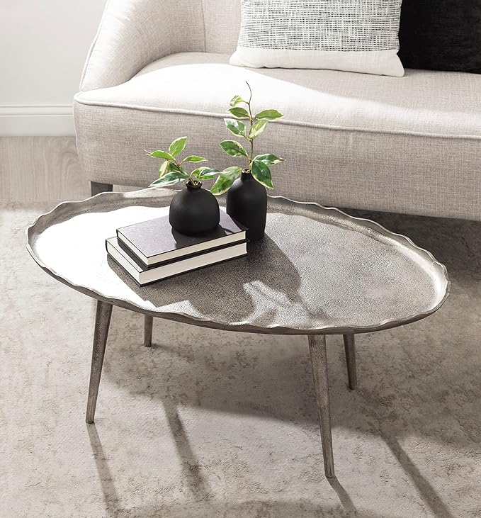 Kate and Laurel Alessia Modern Glam Oval Coffee Table, 34 x 20 x 15, Silver, Metal Living Room Table for Storage and Display with Antique Deckled Edge Detailing