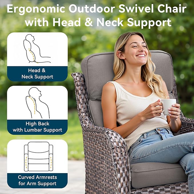 Luxury High Back Outdoor Furniture 6-Inch Thick Cushions with 50,000 BTU Gas Propane Fire Pit Tablet, Patio Furniture Set with Swivel Chairs, 6 PCS for Porch, Balcony, Deck and Yard