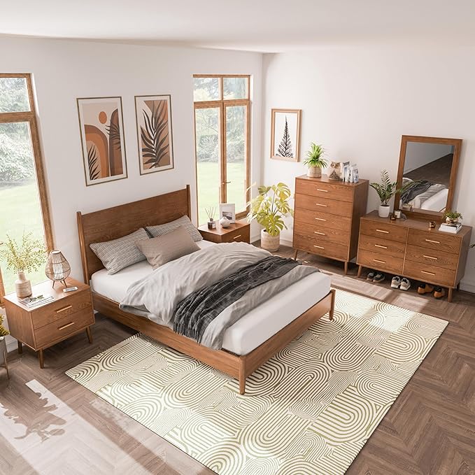Furniture of America Wyatt Modern Solid Wood Bedroom Collection with Queen Bed Frame, Nightstands, Dresser with Mirror, Chest, No Box Spring Needed, Walnut, Standard Platform, 6-Piece Set