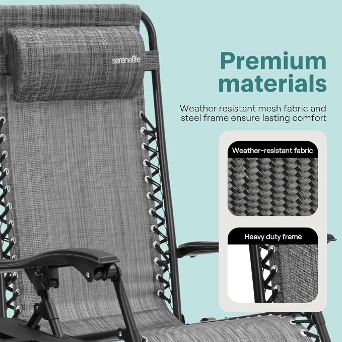 SereneLife Zero Gravity Chairs Set of 2 - Adjustable Steel Mesh Lawn Chairs - Outdoor Lounge Chairs with Detachable Cup Holder Tray - Foldable Outdoor Chair with Removable Pillows - Grey - Image 7