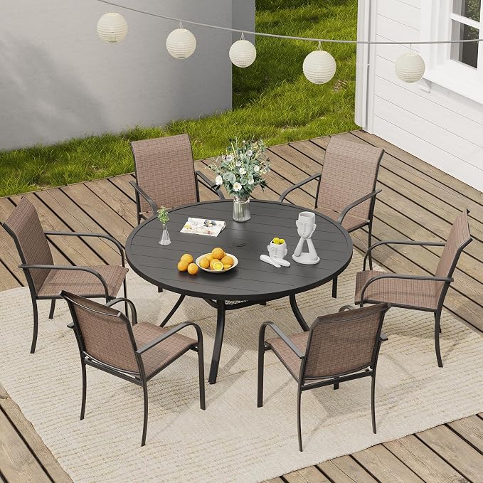 VICLLAX Round Outdoor Dining Set, Patio Table and Chairs Set Set of 6 Patio Stackable Chairs and 47" Outdoor Round Table with Umbrella Hole for Backyard Lawn Garden, Brown Chairs and Black Table by HOME