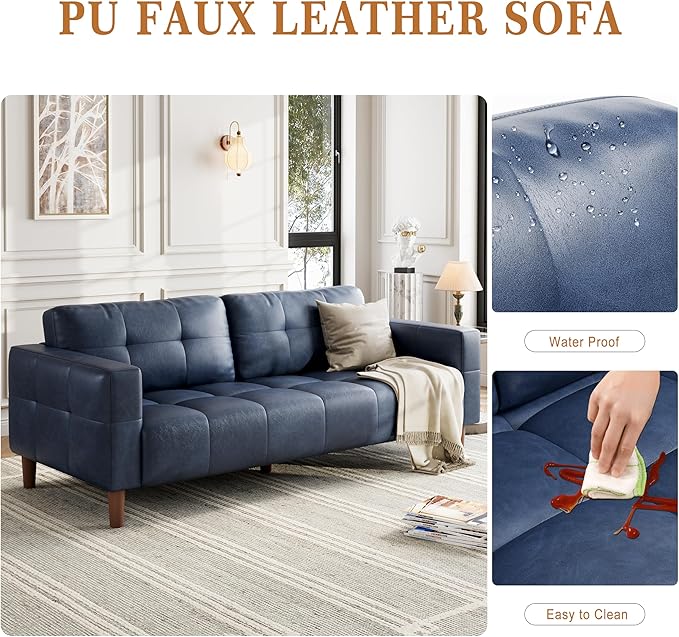 GarveeHome 3-Seater Sofa Couch, 83 in Wide Faux Leather Sofa Couch with Spring Cushion, Modern Sofa with Deep Seats and 2 Removable Back Cushions, for Living Room, Bedroom, Apartment, Office, Blue