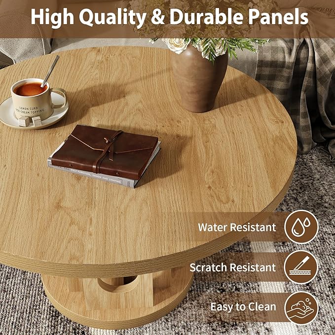 31.5" Round Coffee Table, Small Wooden Circle Center Table Hole Panel Splice Design Coffee Tables for Living Room, Thickened Edge MDF Board, Natural Oak