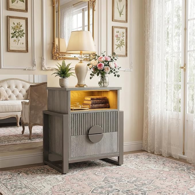 LGHM Fluted Nightstand with Charger Station Strip Lights, 20.47" W Night Stand with 2 Drawers, Large Accent Bed Side Table and End Table, Large Open Cubby Storage, Raising H Legs,Gray - Image 6