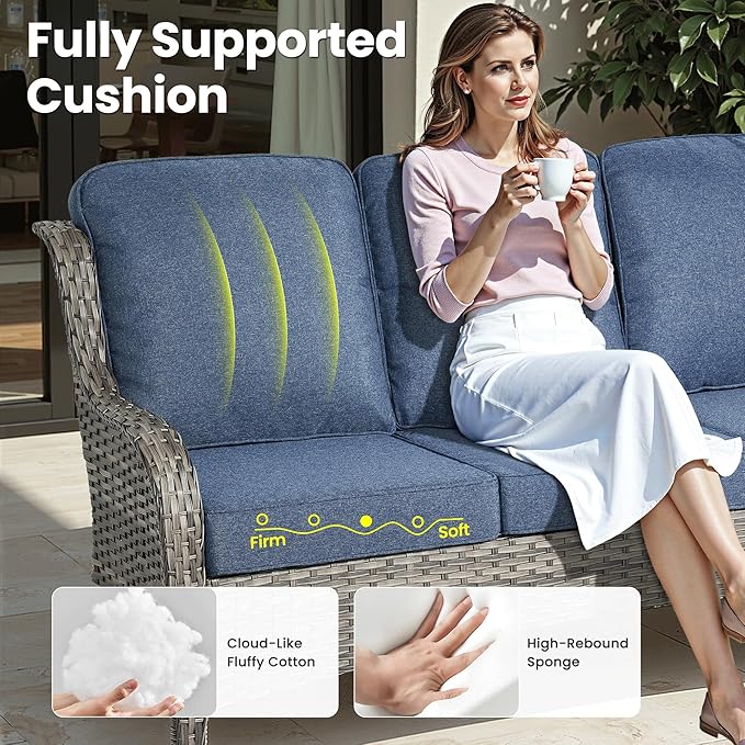ovios 7-Piece Patio Furniture Set with Swivel Chairs Coffee Table, Outdoor Wicker Sofa with 42" Fire Pit Table, High Back Couch Modern Conversation Sets, Grey/Denim Blue