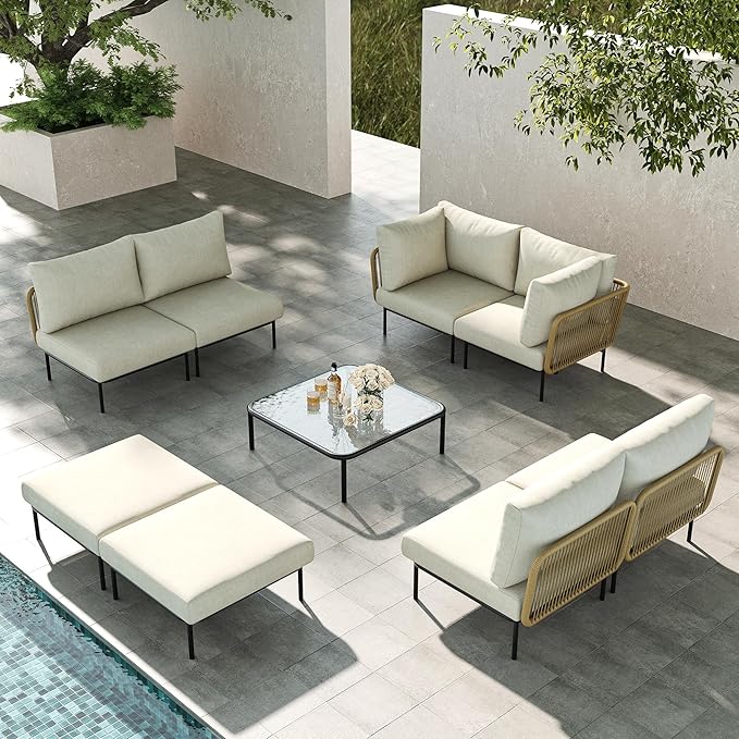 LayinSun 9 Pieces Aluminum Patio Furniture Set, Modern Modular Sectional Sofa with Coffee Table and Upgrade Thickness Cushion