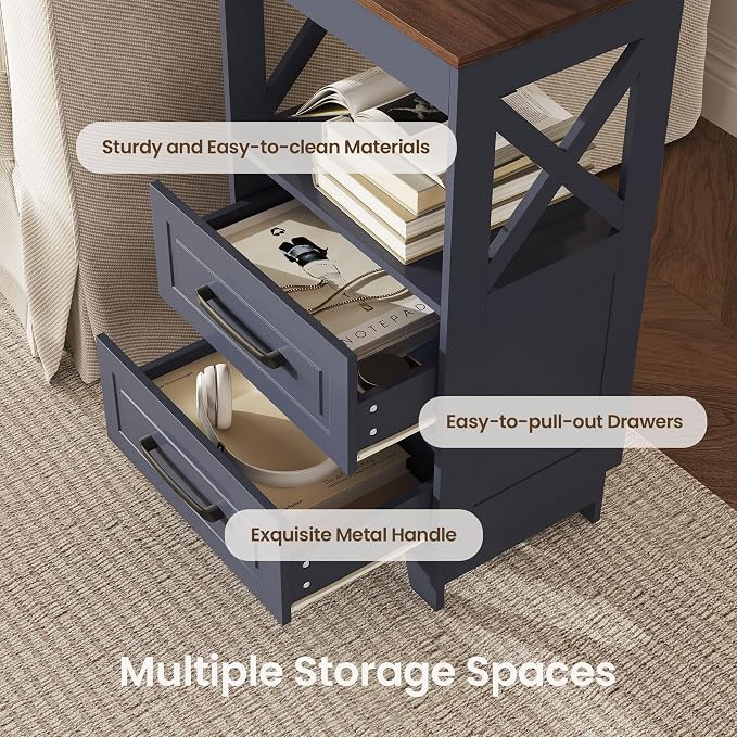 Tall Nightstand Set of 2 Side Table with 2 Drawers Modern Night Stand Wooden Rustic End Table Bedside Table with Upper Open Shelf Solid Feet for Bedroom Navy Blue+Walnut - Image 4