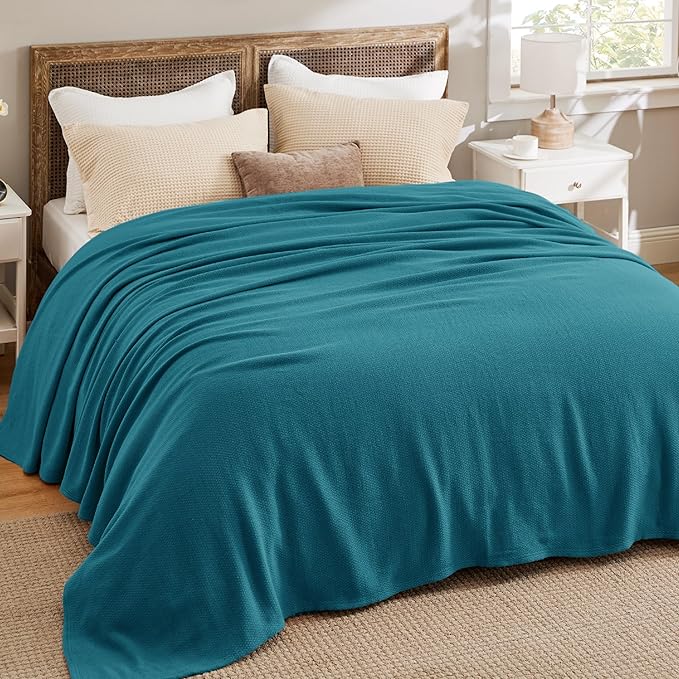 Bedsure GentleSoft 100% Cotton Blanket Queen Size for Bed - Breathable and Lightweight, Soft Cozy Textured Herringbone Woven Blanket for Summer, Teal, 90x90 inches