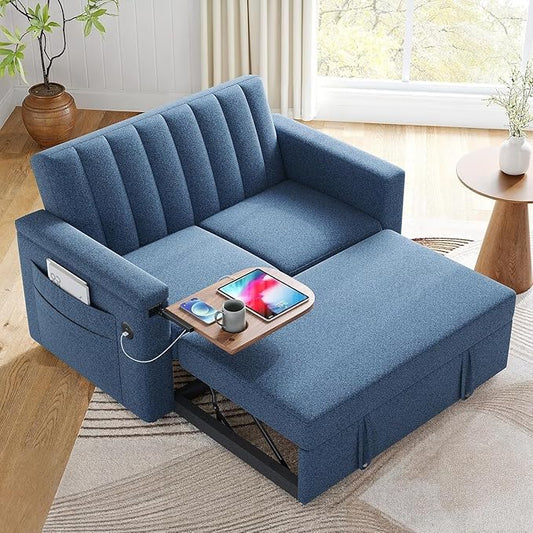Marsail 3-in-1 Convertible Sofa Bed, 54" Sleeper Sofa with Solid Wood Side Table & Frame, Pull-Out Couch with USB Ports & Side Pockets, Loveseat Sofa with Adjustable Backrest, Blue