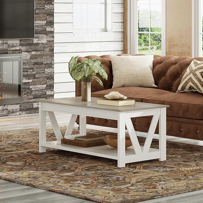 WLIVE Farmhouse Coffee Table, 43" Coffee Table for Living Room, Modern Center Table with Storage Shelf, V Shaped Support, Grey&White