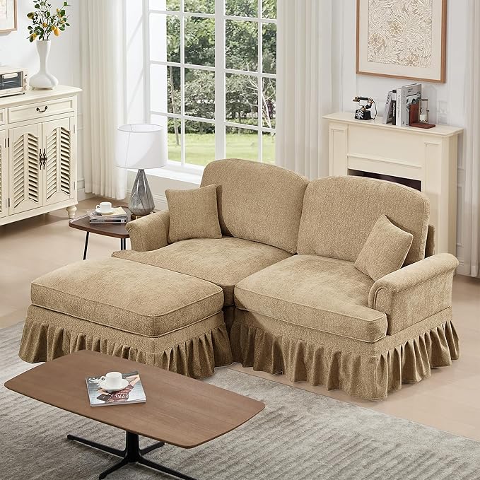 KEIKI Mid Century Modular Sofa with Flared Arms and Skirted Design, 76" Loveseat with Ottoman Chenille L-Shaped Sectional Couches for Living Room, Comfortable Chaise Lounge Indoor, Light Coffee
