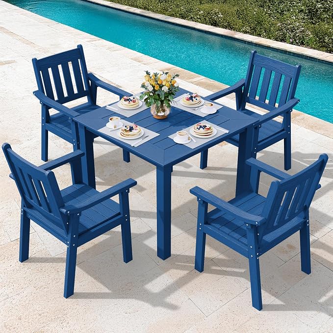 YEFU HIPS Patio Table Set: 5 Piece Outdoor Square Table and Chairs with Metal Aluminum Frame - Blue Modern Plastic Patio Dining Furniture Set 4 Person for Outside Deck by YEFU