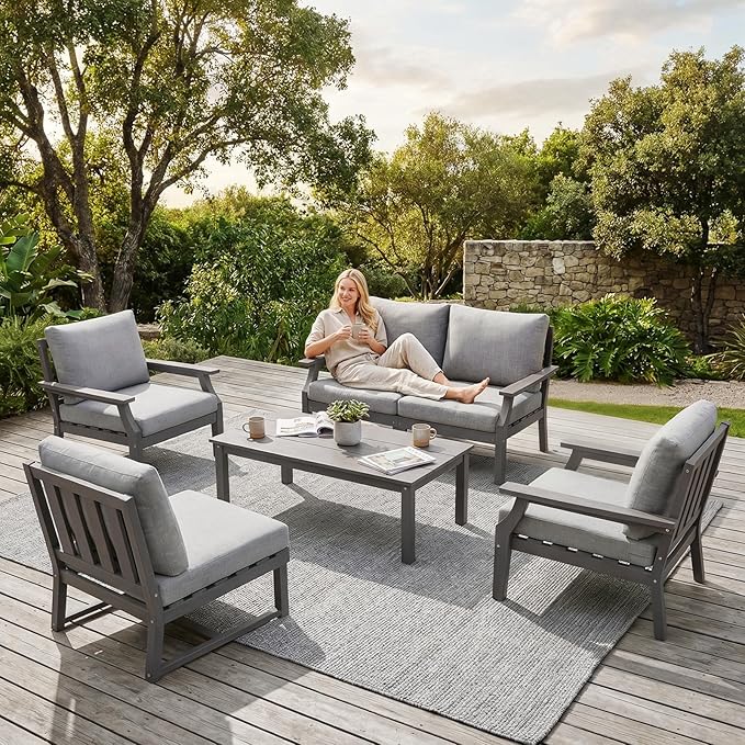 HDPE Patio Conversation Set, 6-Piece All Weather Outdoor Furniture Set with 2 Single Armchairs for Deck, Lawn, with Cushion, Gray