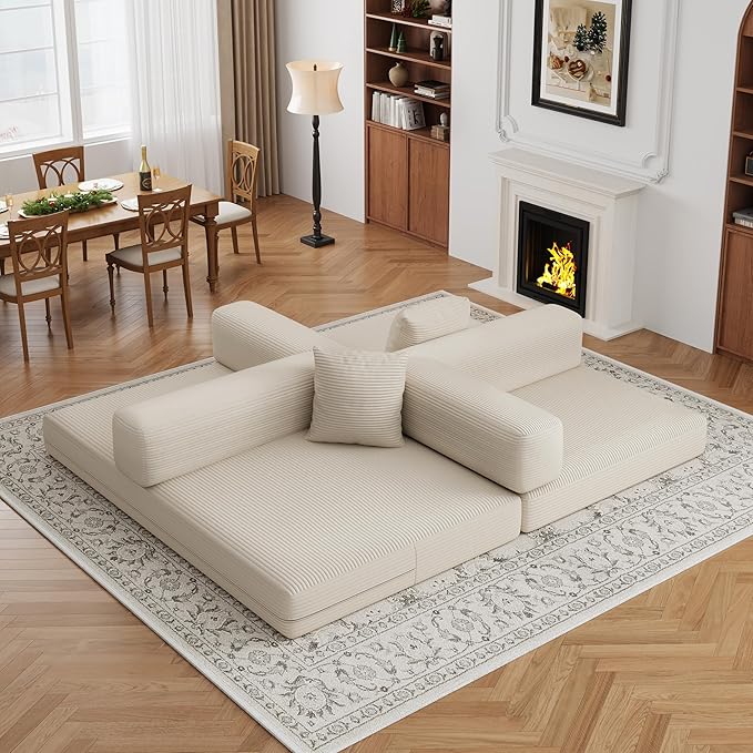 4-in-1 Foldable Sofa Bed Teddy Fabric Foam-Filled Compressed Couch, Beds Queen Size Convertible Sofa Couch Loveseat , Boneless Folding Sleeper for Living Room, Guest Bed, Playroom (Beige, 59” 2 Seat)