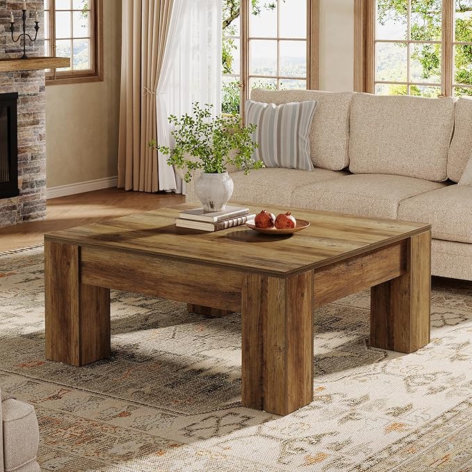 Tribesigns Farmhouse Square Coffee Table, 39-Inch Wooden Coffee Table with Sturdy Legs, Rustic Accent Center Table for Living Room, Easy Assembly, Rustic Brown