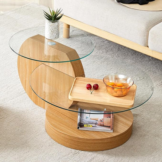 35.4" Glass Coffee Table, Small Round Coffee Table, 2-Tier Tempered Glass Tabletop with Wooden Base, Modern Center Table for Living Room, Home, Apartment, Ideal for Small Space