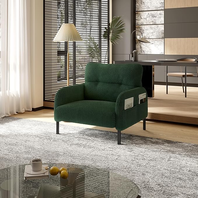 KEIKI 26" Corduroy Single Sofa Chair with Double Side Pockets & High Resilience Cushion, Modern Ergonomic Design Upholstery Oversized 1-Seater Accent Chair, Easy Assembly, for Living Room, Emerald