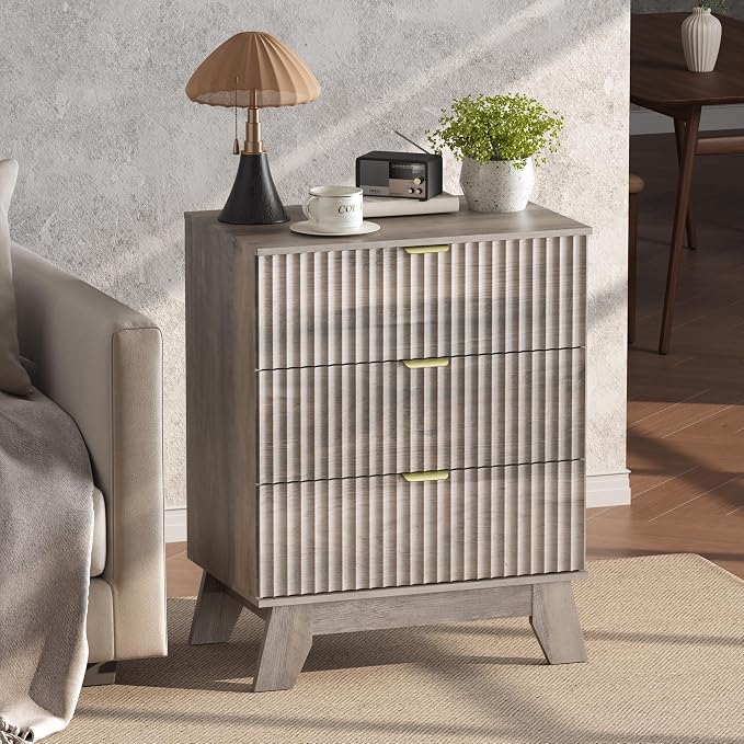 Wodeer Grey Night Stand with 3 Drawers, Bedside Table & End Table, 24" Wide Mid Century Modern Fluted Wood Nightstand with Metal Handles, Farmhouse Night Stands for Bedroom, Gray - Image 4