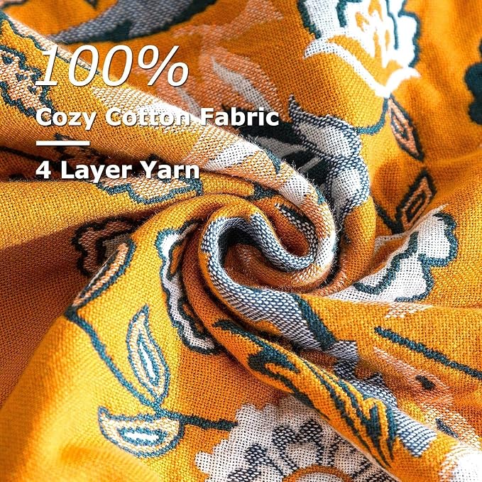 Boho Throw Blanket for Bed 100% Cotton Soft Lightweight Quilt Floral Embroidery Home Decor Spring Breathable Bed Blanket,60"x80" All Season Reversible Twin Yellow Blankets for Sofa Couch Chair