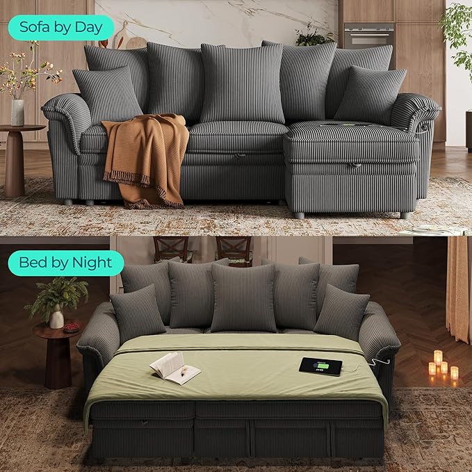 LINSY HOME 90.5'' Sectional Sleeper Sofa with Pull Out Couch Bed Modular (Gray, 90.5'') | USB Charging, Pillow-style Armrest, Multiple Cushions, Storage Chaise, Corduroy Fabric