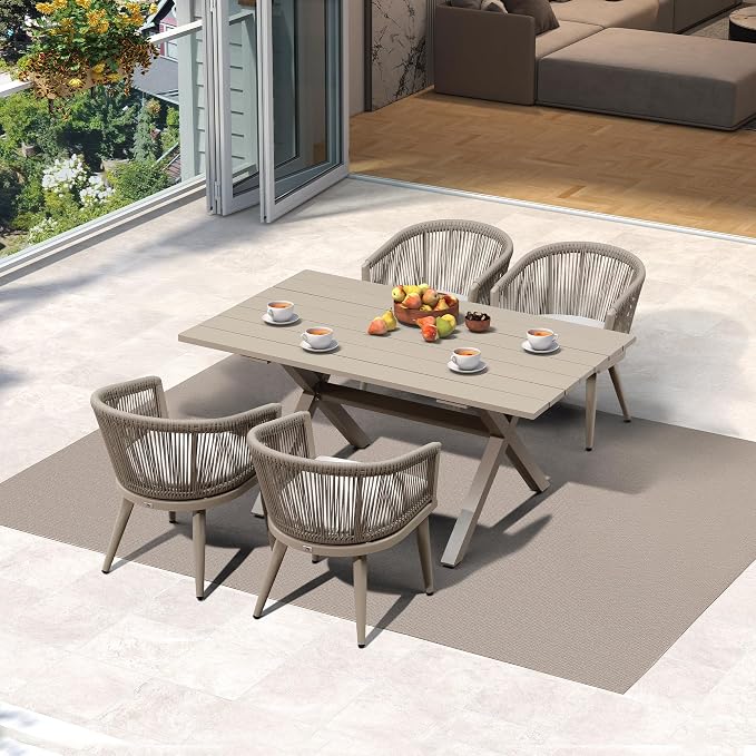 PURPLE LEAF Outdoor Dining Set for 4 All-Weather 5 Pieces Patio Aluminium Dining Table and Rope Weave Chairs Included Cushions for Backyard Deck Indoor Kitchen Modern Patio Furniture Set Champagne by PURPLELEAF
