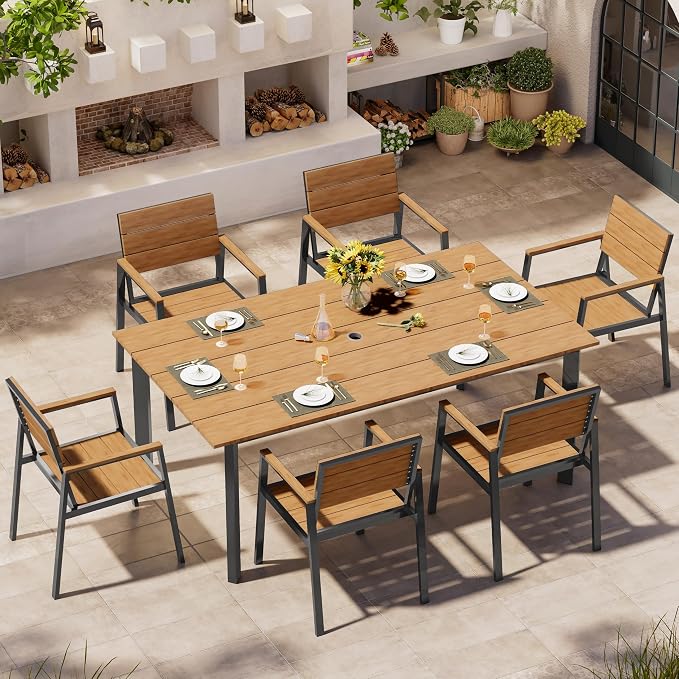 Outdoor Dining Set, Patio Table and Chairs Set with Umbrella Hole, 7 Pieces HDPS + Aluminum Patio Dining Furniture Set for Backyard, Garden (Gray & Teak) by Oasbira