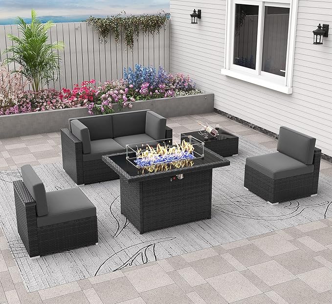 6 Pieces Patio Furniture Set with 44" Propane Gas Fire Pit Table, Outdoor Sectional Wicker Conversation Sofa Sets with Coffee Table