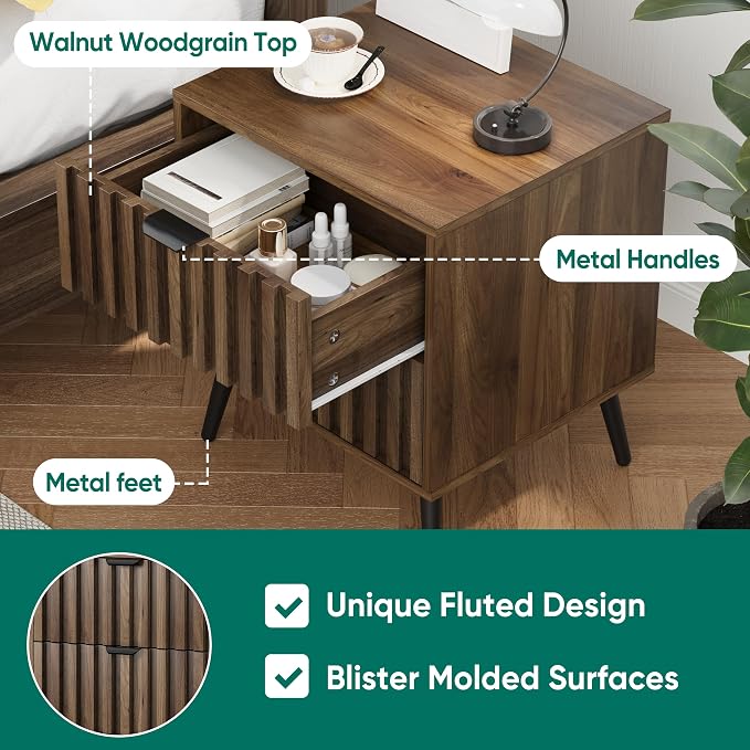 Smuxee Walnut Wooden Night Stand Set of 2, Mid Century Nightstand with 2 Fluted Drawers, Bedside Table with Open Shelf, Modern End Side Table for Bedroom - Image 4