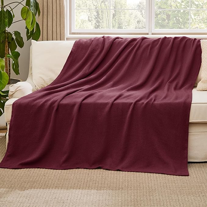 Bedsure GentleSoft 100% Cotton Blanket Twin XL Size for Bed - Breathable and Lightweight, Soft Cozy Textured Herringbone Woven Summer Blanket for College Dorm, Red, 66x90 inches