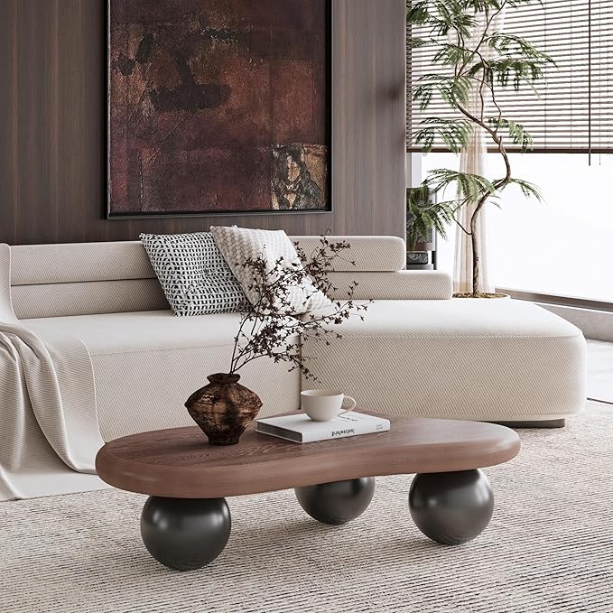40” Cloud Coffee Table with 3 Ball Legs, Modern Irregular Center Table for Living Room, Low Cute Small MDF Tea Table for Bedroom, Space Apartment-Walnut Black