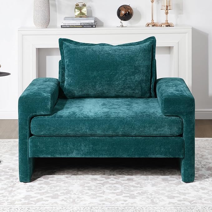 Christopher Knight Home Aylen Modern Chenille Upholstered Accent Chair with Wide Armrests, Wooden Living Room Club Chair, Bedroom Comfy Reading Chair with Back Pillow, Teal Green