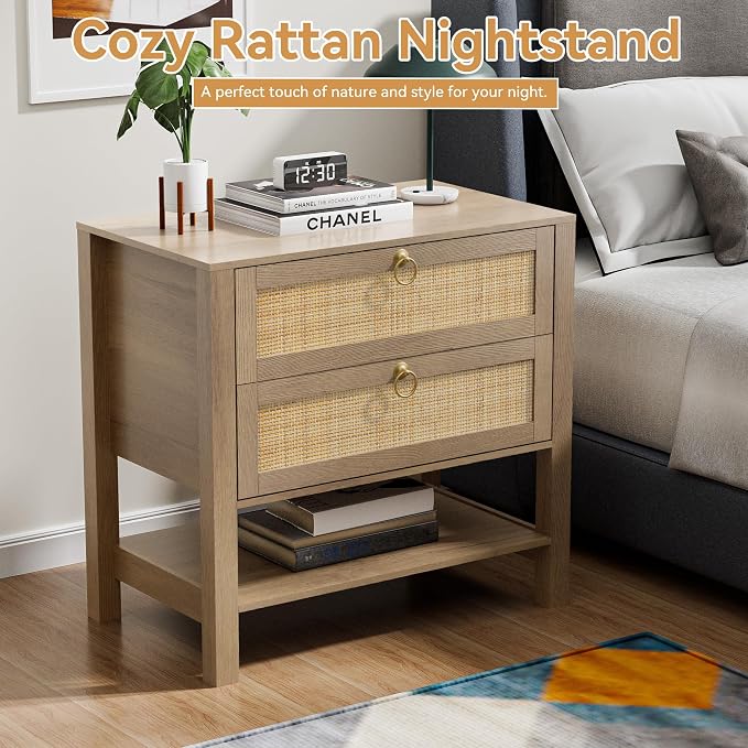 Rattan Nightstand with 2 Drawers and Storage Shelf, 26” Tall Wide Night Stand, Wood Large Bedside Table with Golden Handle for Bedroom, Side Table, Carbon Cherry - Image 8