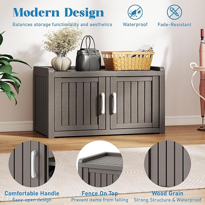 NUNU LAB Shoe Cabinet, Waterproof UV-Resistant Outdoor/Indoor Shoe Storage Cabinet with Adjustable Shelves, Shoe Organizer Bench with 2 Barn Doors for Foyer, Hallway, Living Room, Black - Image 4