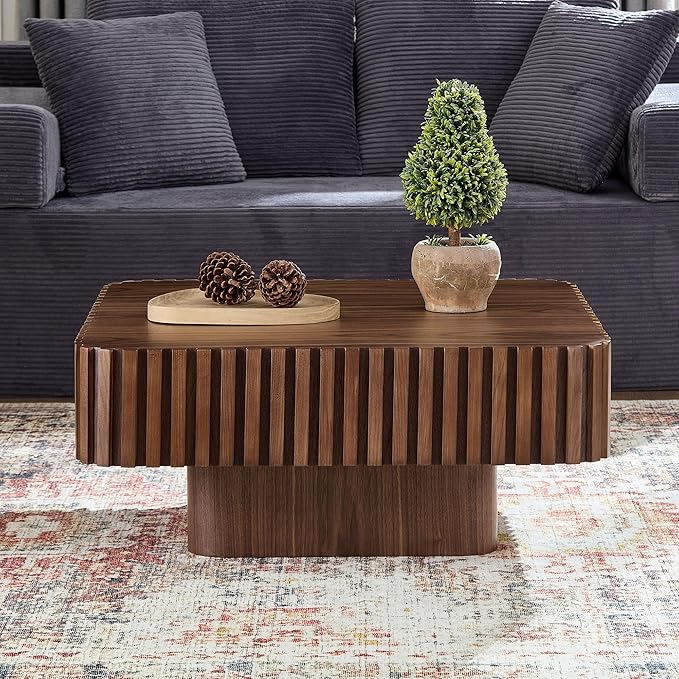 WILLIAMSPACE 31.5" Square Coffee Table with Sturdy Base, Modern Luxury Wood Drum Center Table Accent End Side Table for Living Room, Minimalist Fluted Design, Walnut