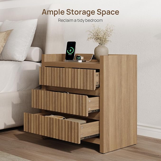 SICOTAS Night Stand Set of 2 with Charging Station, USB-C Port, 26" Tall Fluted Nightstand, Large 3-Drawer Bedside Table Mid Century Modern End Table for Bedroom Sofa Side (Reclaimed Caramel Oak) - Image 6