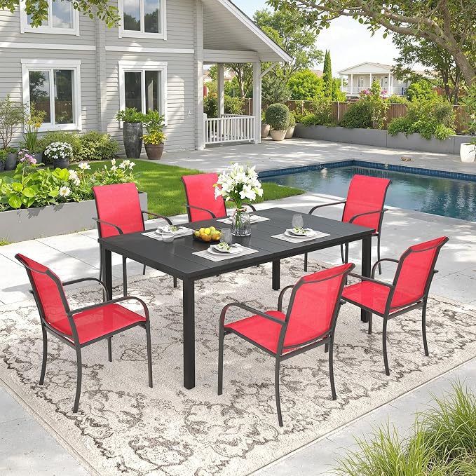 DIFY 7 Pieces Outdoor Patio Dining Set for 6, 63" Black Rectangle Metal Dining Table and 6 Red Stackable Sling Dining Chairs, Outdoor Table and Chairs for Lawn Garden Backyard Deck by DIFY