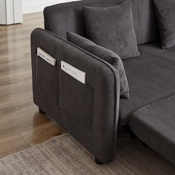 Ball & Cast 66" Convertible Sofa Bed,3-in-1 Corduroy Loveseat Sleeper Pull Out Couch Bed with Pillows and Side Pockets, Deep Seat Comfy Sofa Couches for Living Room,Apartment,Dark Grey
