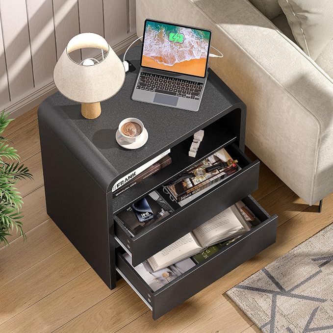 Modern Night Stand with Charging Station, 25" Tall Wood Nightstand Bedside Table with 3 Drawers & USB Ports, Mid-Century End Table for Bedroom (1, Black Smooth, 2 Drawers) - Image 4