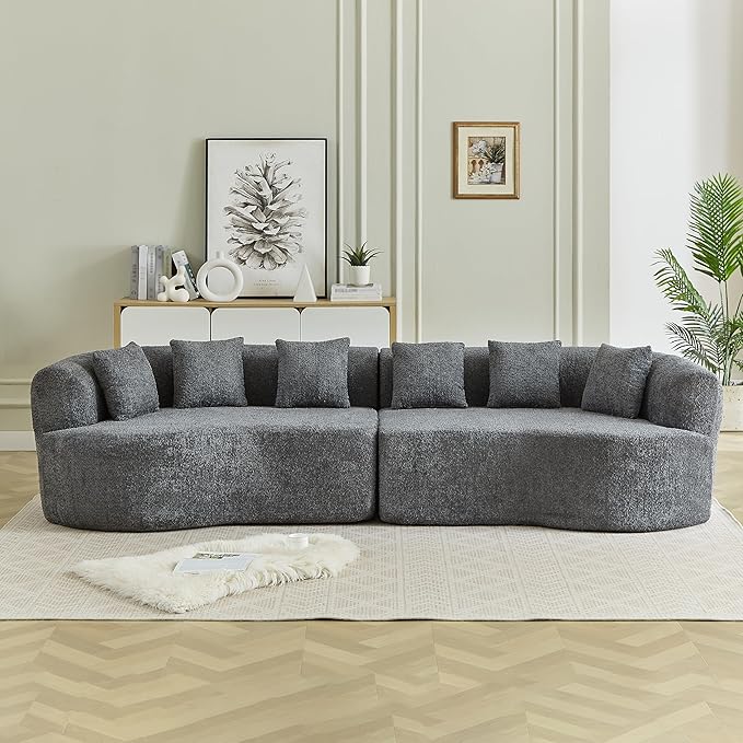 106-Inch Curved Boneless Sofa Couches Compressed 4-Seat Foam Couch for Living Room Bedroom, Boneless Modular Cloud Sofa Curved Floor Couch with 6 Pillows, No Assembly
