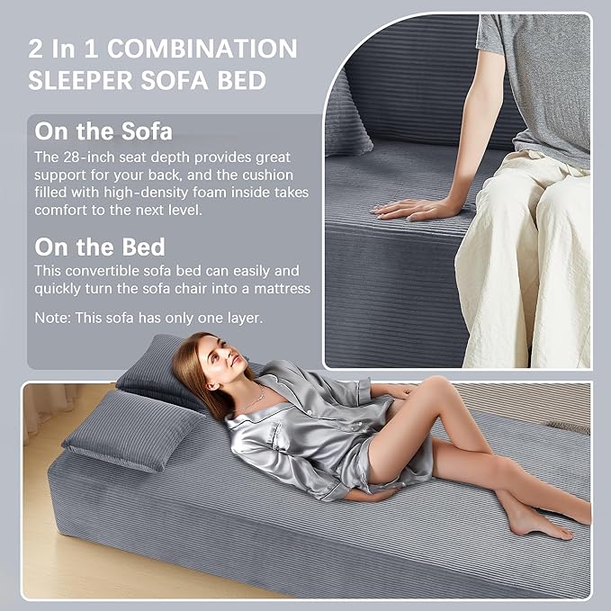 83" Modern Sofa in a Box, No Assembly Oversized 3 Seater 28" Deep Seat Cloud Sofa Bed Couch with 4 Furry Pillows & Corduroy Fabric, Boneless Couch with Side Storage Pockets for Living Room, Dark Grey